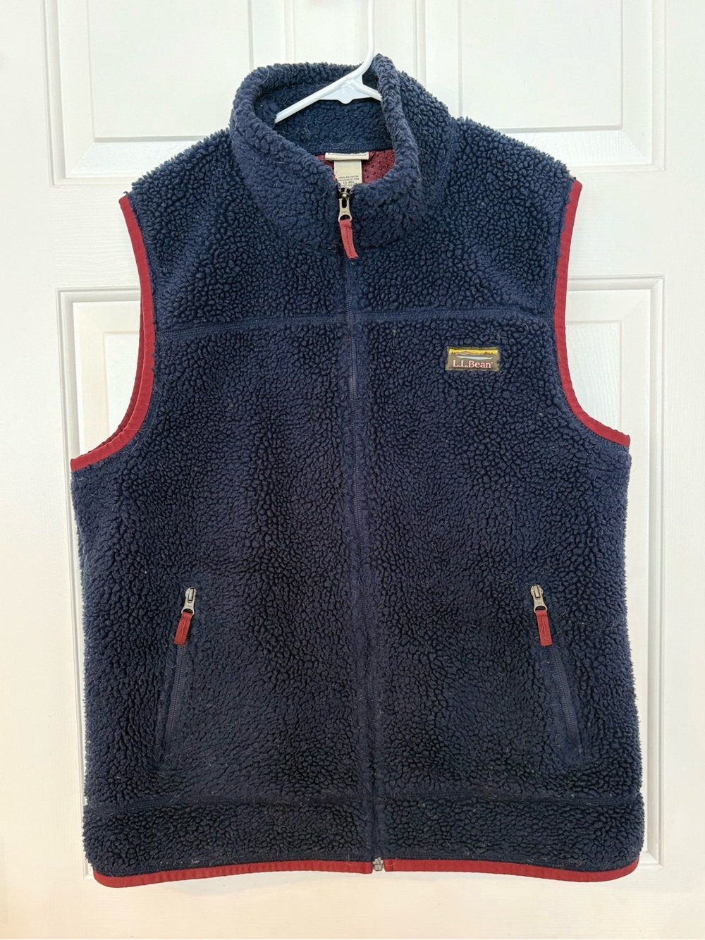 LL Bean Mens Mountain Pile Fleece Vest Blue Sherpa Burgundy Full Zip L 502429